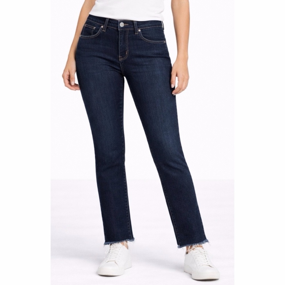 PAIGE • Blue Heights Dark Wash Frayed Raw Hem Jeans, 29